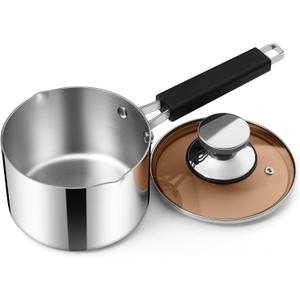 E-far 1 Quart Sauce Pan with Lid, Stainless Steel Tri-Ply All Clad Small Cooking Pot with Pour Spout, Multipurpose Induction Saucepan & Stay-Cool Handle, Compatible with All Cooktops, Dishwasher Safe