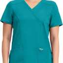 Cherokee Scrubs Top for Women Mock Wrap with 3 Pockets, Soft, 2-Way Stretch & Durable Fabric - WW610 (Blue, XL)