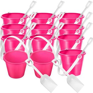 12 Pack 4 Inch Beach Buckets and Shovels for Kids Sand Pails Plastic Sand Buckets Bulk Small Toy Pails at The Beach, Use for Toddlers Little Guys(Hot Pink)