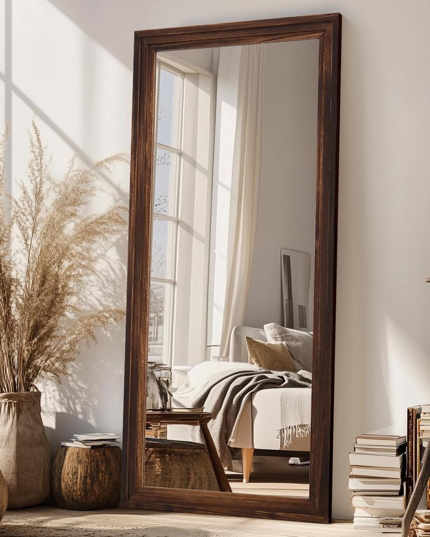 Full Length Mirror 71"x32", Rect Solid Wood Frame with Stand
Oversized Floor Mirror, Shatterproof Glass, Wall Mouted, Freestanding, Leaning, for Bedroom, Living Room, Entryway, Walnut