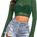 Avidlove Women Mesh Crop Top Long Sleeve See Through Shirt Sheer Blouse O Neck Clubwear (Medium, Dark Green)