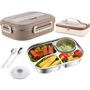 Bento Box,1500ml Stainless Steel Lunch Box,Versatile 4-Compartment Portable Lunch Box Container-Salad Lunch Containers for Adults/Kids with Soup Bowl Spoon Fork Thermos Bag Accessories (Khaki)