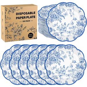 Kochorie 100 Pieces Blue Floral Paper Plates 9 Inches Disposable Blue and White Flower Scalloped Plates Vintage Floral Dinner Dessert Decorative Plate for Wedding Baby Shower Birthday Party Supplies