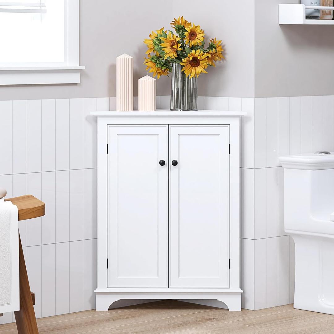 Spirich Floor Corner Cabinet with Doors and Shelves, Freestanding Bathroom Corner Storage Cabinet for Bathroom, Living Room, White, Small