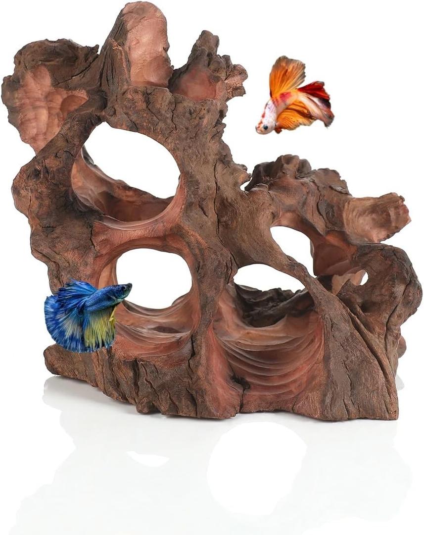 Natural Wood Aquarium Cave Betta Fish Hideout for Aquarium Fish Tank Decorations-Reptile Hide-Snake Hide-Cave for Cichlids Habitat Shelter for Crayfish Shrimp and Other Aquatic Pets 6.1-9.8" (multi-hole)
