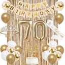 Trgowaul 70th Birthday Decorations for Women, Banner, Sash and Crown, Cake Topper, 70 Number Balloon, Fringe Curtains, Champagne Gold 70th Birthday Party Supplies