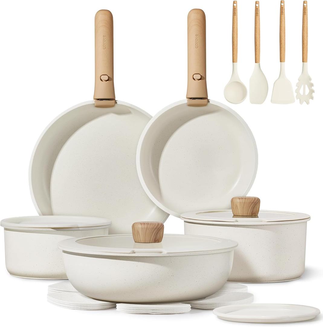 CAROTE 19pcs Pots and Pans Non Stick, Cookware Sets Detachable Handle, Induction Kitchen Pots and Pans,NonStick Cooking Set, Oven/Dishwasher/Fridge Safe, Space Saving (Cream White)
