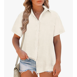RITERA Womens Plus Size Tops Button Down Roll-Up Cuffed Short Sleeve Casual Shirts Collared Summer Lightweight Blouse, L