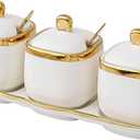 jessie 3Pcs Condiment Jar Spice Container with Ceramic Tray Serving Spoon and Lids for Home Kitchen Spices Sugar Coffee Salt and Pepper (White suit)
