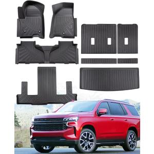 DrCarNow for Chevy Tahoe/for GMC Yukon 7 Seater Floor Mats 2024 2023-2021,Fit All-Weather Floor Mats & Cargo Liner Heavy Duty TPE for Chevrolet Tahoe Accessories Only Fit for 2-Row Captain's Chairs