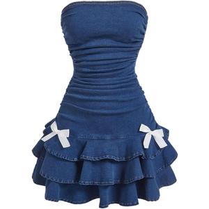 WDIRARA Women's Strapless Denim Mini Dress Bandeau Layered Ruffle A Line Bow Dresses (Medium)