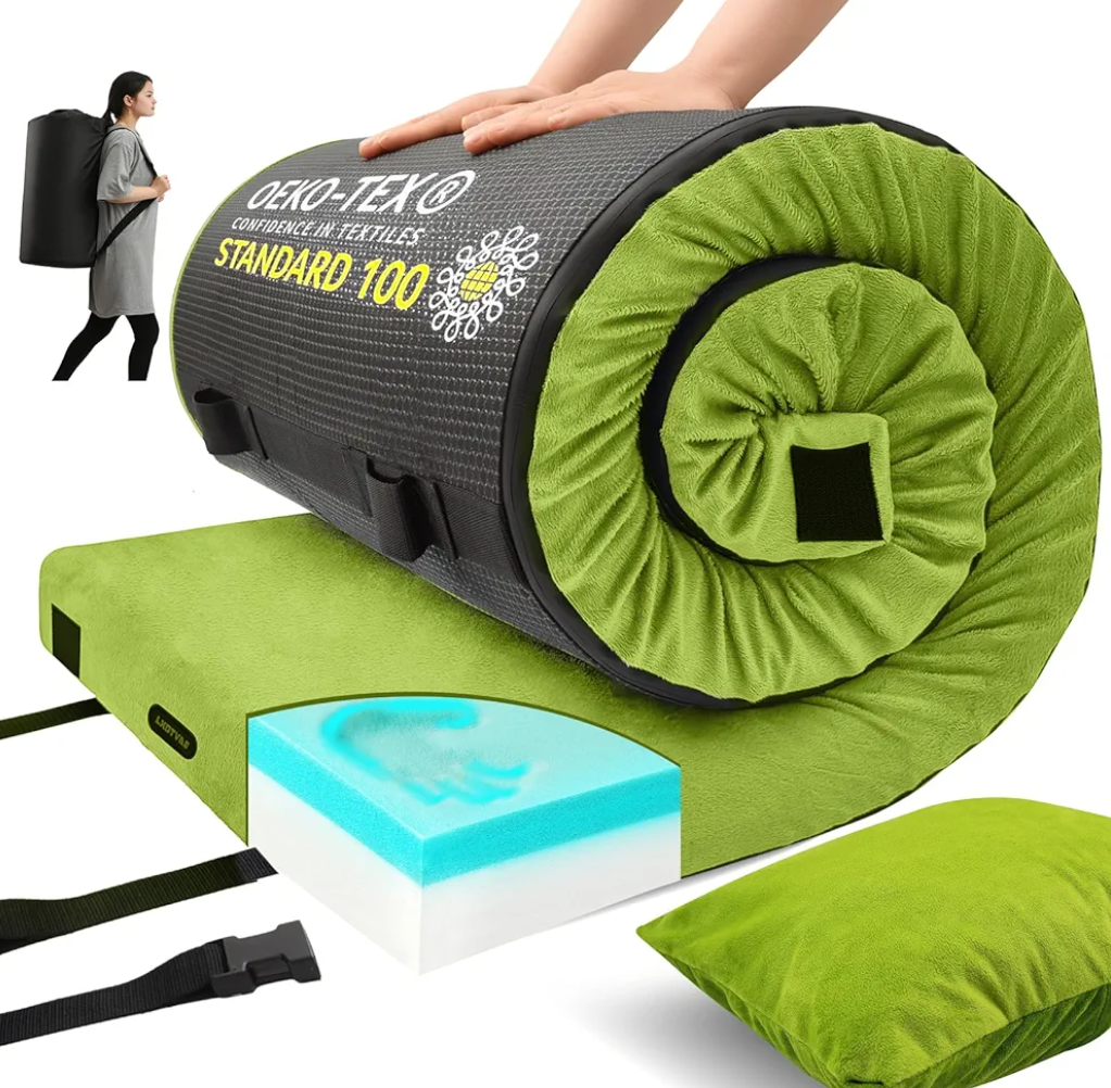 Memory Foam Camping Mattress pad, Comfortable Thick Floor Sleeping Mat for Adults with Waterproof and Non-Slip Bottom, Portable Roll Up Mattress for Sleepover Guest,Cot Mad for Car Camping