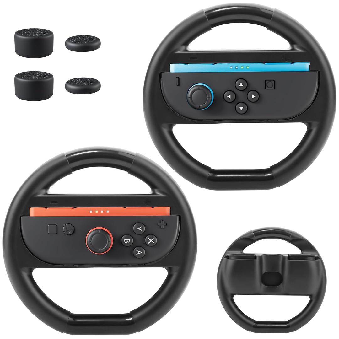 2 x PAWDIARY Steering Wheel Compatible with Switch 2 Controller Handle, Comfort Grip Switch 2 Racing Wheel Accessories with 4 Thumb Caps, Game Racing for Nintendo Switch 2 Wheels (Black x2)