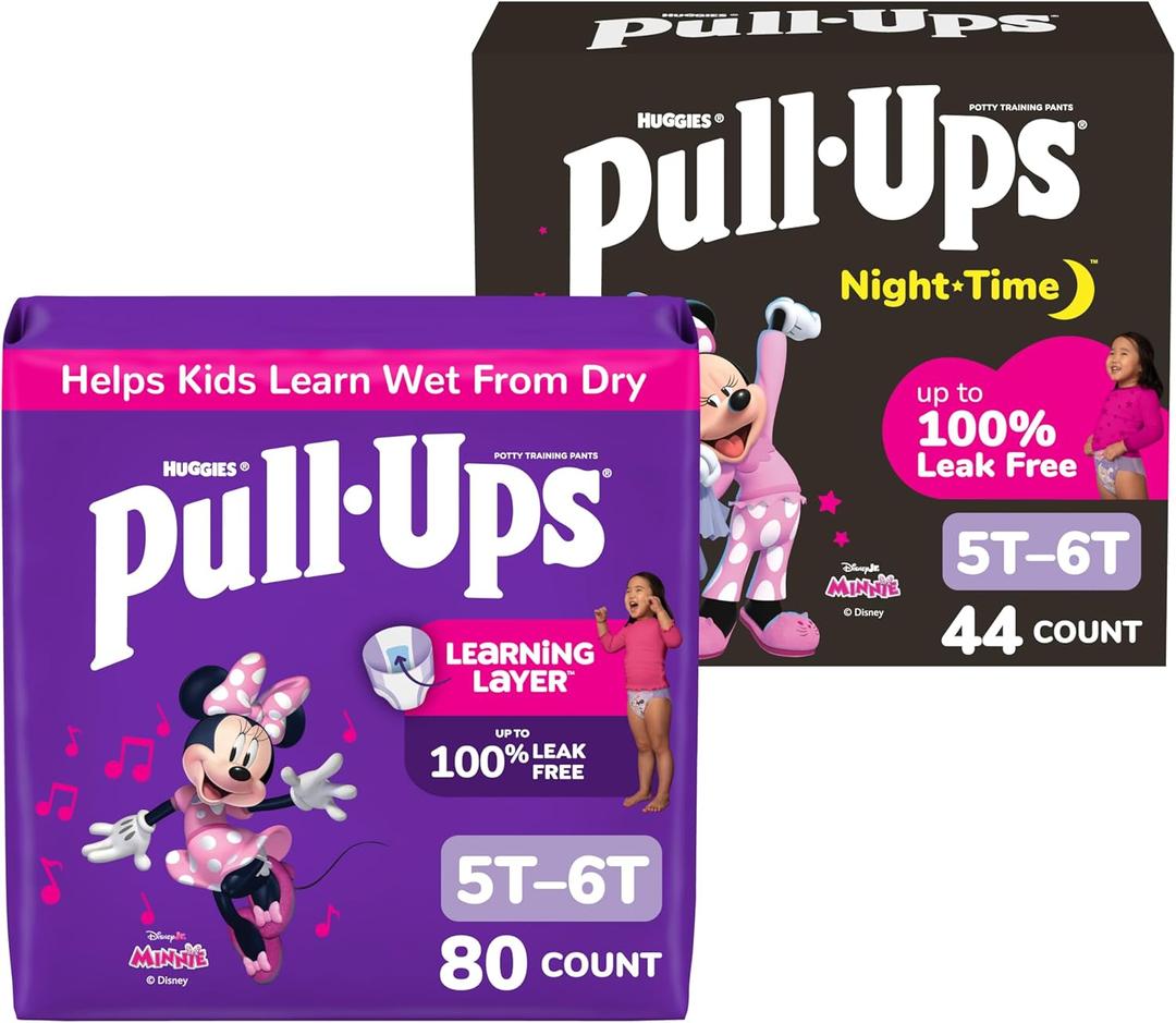 Pull-Ups Day and Night Bundle: Training Pants for Girls, Size 5T-6T (46-60 lbs), 80 Count (2 Packs of 40) & Night-Time Training Pants for Girls, Size 5T-6T (46-60 lbs), 80 Count (2 Packs of 40)