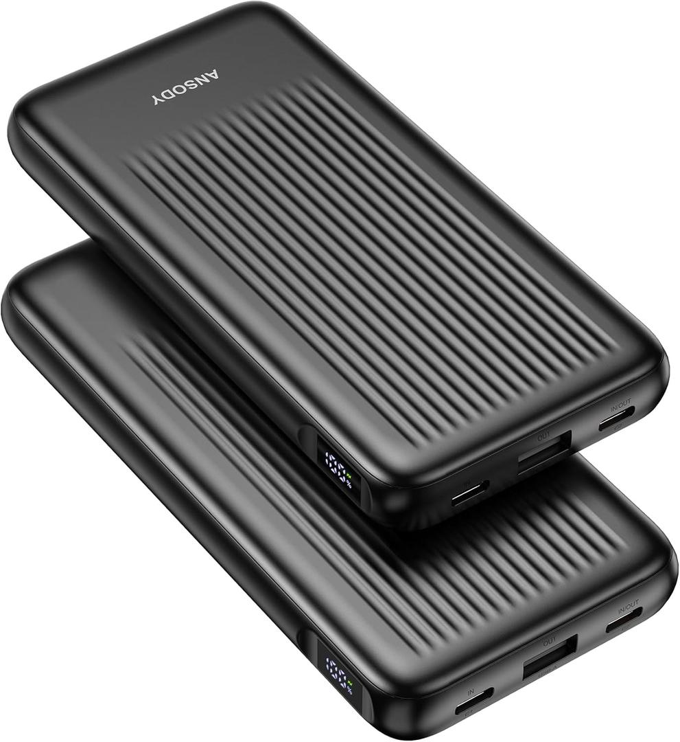 2-Pack Portable Charger, 10000mAh 22.5W Compact USB C Power Bank Fast Charging with 2 Outputs & 2 Inputs, LED Display Battery Pack Compatible with iPhone Samsung iPad Tablets, Black & Black