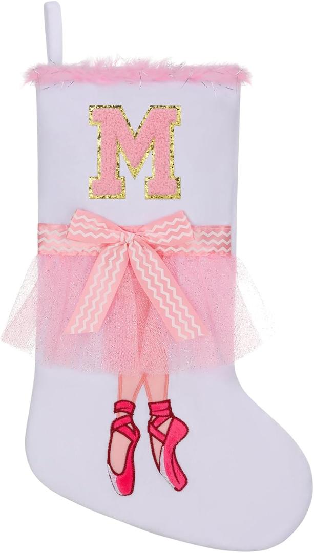 17.5 inch Ballet Christmas Stocking,Feather & Bow Embroidery Design, Holiday Party Decor for Fireplace Mantel Gifts,Initial M