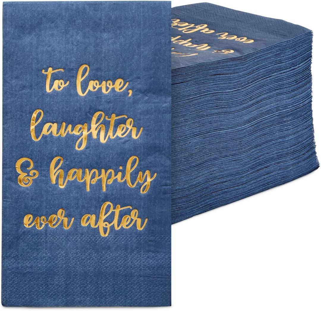 Sparkle and Bash Navy Blue Dinner Napkins for Wedding Reception Party with Gold Foil - To Love, Laughter & Happily Ever After (4 x 8 Inch), Pack of 100 - Bridal Shower - Wedding Plates