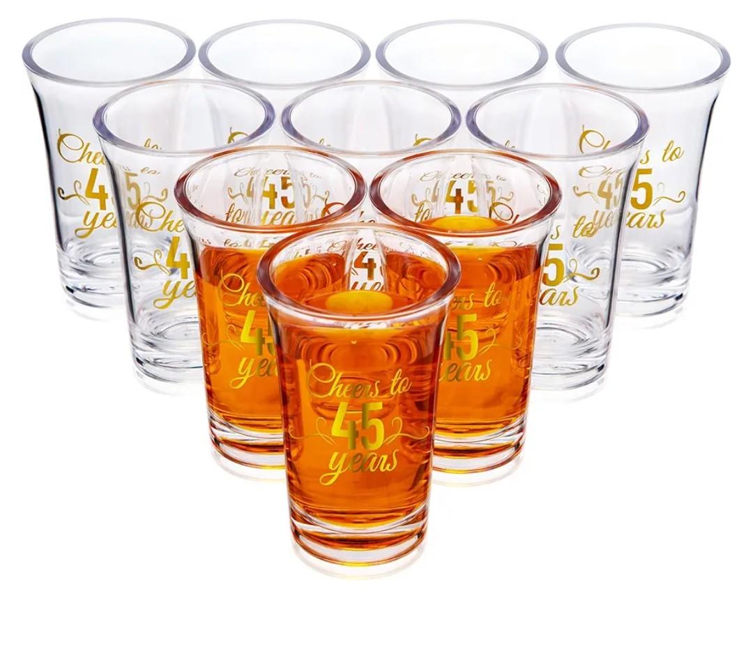 Sliner 21 Pack Birthday Shot Glasses Bulk Unbreakable 1.4 oz Cheers to 45 Years Shot Glass Thick Base Mini Clear Plastic Wine Glass Anniversary Favors for Guests Birthday (Silver, Gold, 45th)