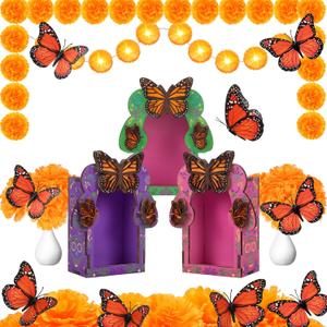 Jetec 30 Pcs Dia De Los Muertos Decoration Set Include Day of the Dead Altar Ofrenda Artificial Marigold Flowers 4.92 Feet Diwali Marigold Garland Light and Monarch Butterfly Decor(Monarch Butterfly)