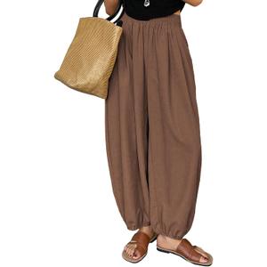 stylish Womens Wide Leg Harem Pants with Pocket High Waisted Capri Baggy Boho Yoga Pants with Pockets (Coffee.XL)