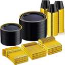 WELLIFE 600 PCS Black and Gold Disposable Dinnerware Set for 100 Guests, Gold rimmed Plastic Dinner Plates,Salad Plates,Cups,Silverware Set for New Year Party Supplies