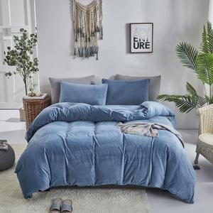 Cottonight Blue Velvet Comforter Set Queen Blue Flannel Bedding Set Queen Size Winter Blanket Quilts Modern Heavyweight Warm 3 Piece Velvet Comforter Set