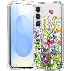bicol for Samsung Galaxy S25 Case with Screen Protector,Enhanced Camera Protection,Clear Cover with Trendy Designs for Girls Women,Slim Fit Protective Phone Case,Blooming Flowers