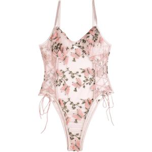 Lilosy Women Sexy Lace Up Floral Embroidered Teddy Lingerie Bodysuit Top Mesh Sheer One Piece (Medium, Butterfly Pink)