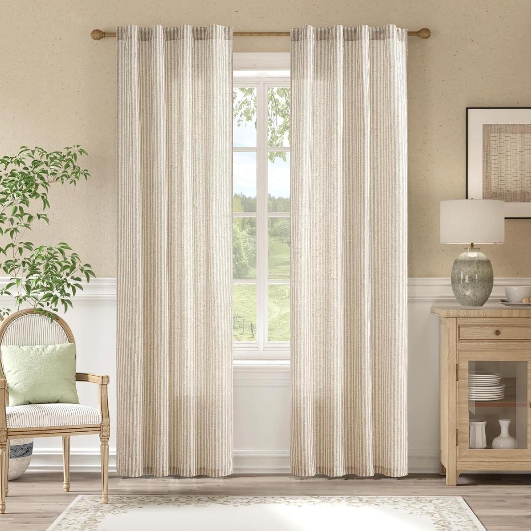 jinchan Taupe Grey Pinstripe Linen Curtains 84 Inch Long Light Filtering Modern Farmhouse Drapes for Living Room Bedroom Office Back Tab Window Panels 2 Pack