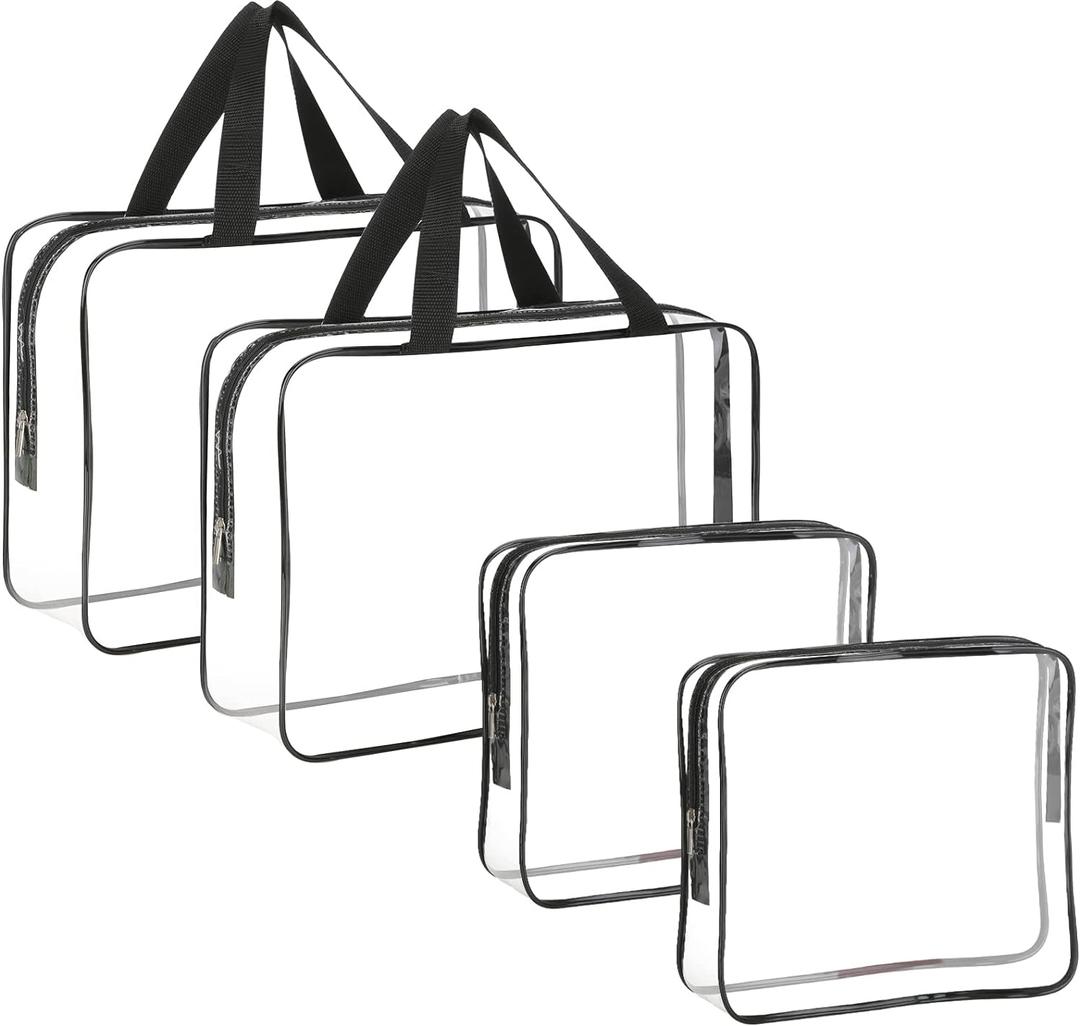 4-Piece Large Makeup Bags - Clear Plastic PVC Tote Bags with Zipper Handle - Portable Travel Luggage Pouch - Airport Airline Vacation Organization (Black)