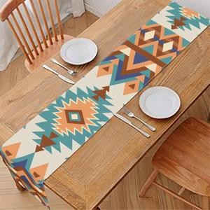Geometric Aztec Native American Classic Coffee Table Runner - Kitchen & Dining Table Decor, Wedding & Party Decor - Farmhouse Rustic Beige (12" x 72")