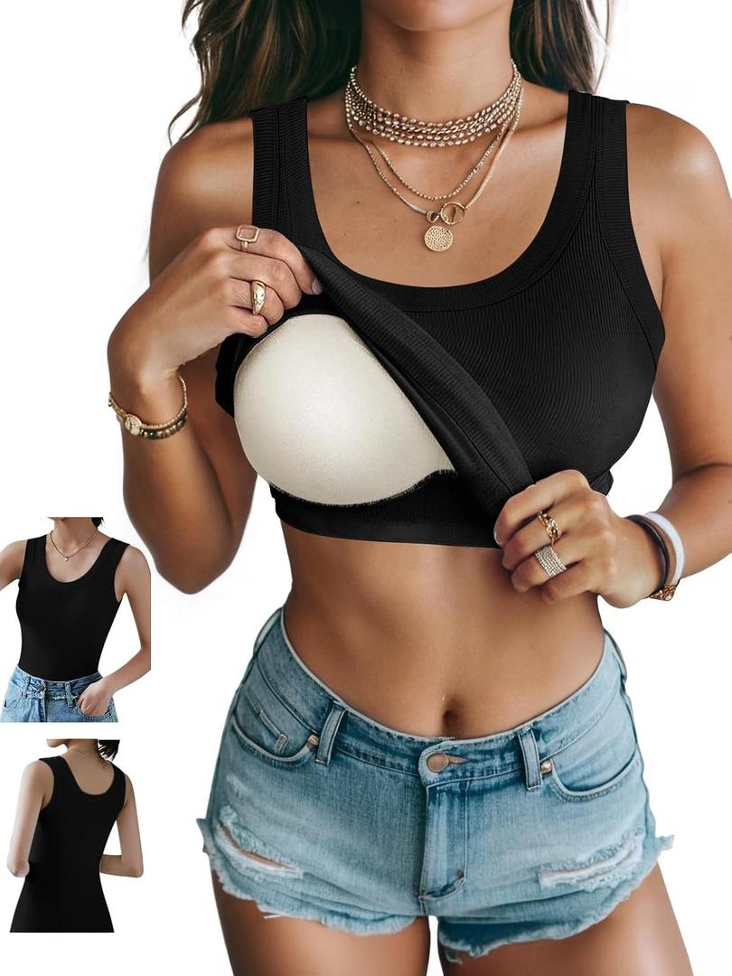Ninee Women's Tank Top with Built in Bra Ribbed Camisole Summer Scoop Neck Basic Cami Tanks (Black, L)