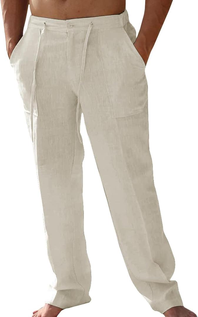 Mens Summer Casual Linen Pants Beach Elastic Drawstring Waistband Loose Fit Slacks with Pockets (Large, Khaki)