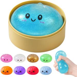 Dumpling Squishies, Glitter Dumpling Mystery Box, Colorful Dumplings Stress Balls Fidget Sensory Toy, Stocking Stuffers with Food Steamer Stretchy Desk Toys (Glitter Blue)