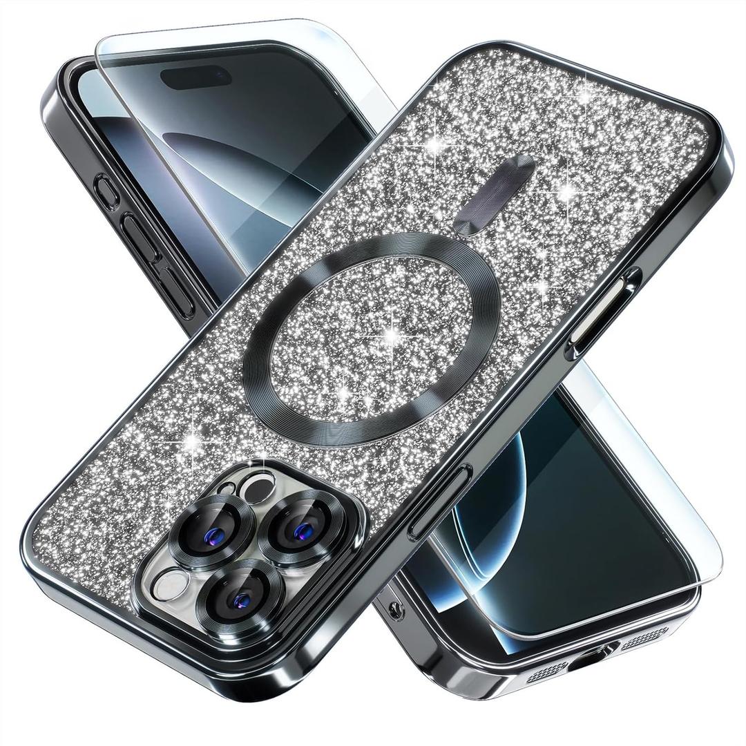 Misea Magnetic for iPhone 16 Pro Max Case Compatible with MagSafe [Military Grade Drop Protection] Full Camera Lens Protector Plating Glitter Soft Phone Case for Women Girls 6.9 inch, Black