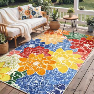 GENIMO Indoor Outdoor Area Rug 8'x10', Machine Washable Rugs for Patio, Waterproof, Non-Slip Easy Cleaning Floral Outdoor Mat Carpet for Living Room, Bedroom, RV, Balcony, Deck, Camping, Colorful