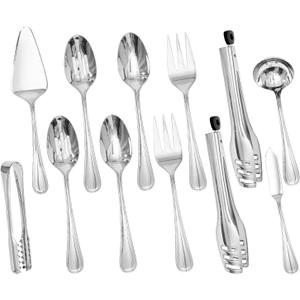 KINGSTONE 12 Piece Teardrop Serving Utensils Set, 18/10 Stainless Steel Serving Utensils, Slotted Spoons, Forks, Tongs, Cake Server, Butter Knife for Buffet, Catering, Wedding, Party (Silver)