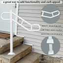 Upgraded Single Post Handrail, 32" - 8.5"L x 35.8"H Hand Rails for Outdoor Steps, White Metal U-Shaped Stair Railing, Floor Mounted Hand Rails for Outdoor 1-3 Steps with 2 Anti-Skid Crossbar for Porch