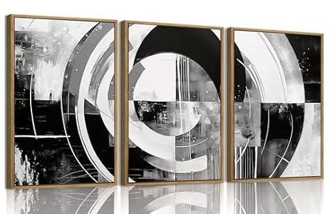 myusuar 3 Piece Large Modern Abstract Canvas Framed Wall Art For Living Room, Black And White Rings Minimalist Wall Art Decor Posters Prints For Bedroom Office, 24x36in