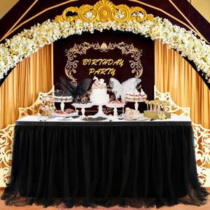 Black Tulle Table Skirts for Birthday Party Hallowwen 6ft Ruffle Tutu Black Table Cloth for Rectangle Tables or Round Tables for Black Gold Baby Shower Graduation Wedding Banquet Buffet Decoraitons