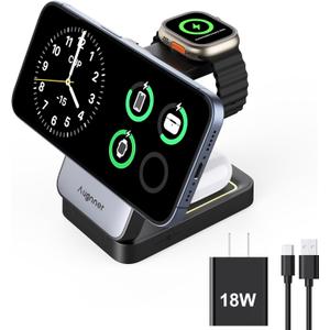 3 in 1 Charging Station for Multiple Devices Apple Compatible with Magsafe Charger Stand, 15W Foldable Cube Wireless Charger for 17/16/15/14/13/12 Series, Apple Watch, Airpod (Black)