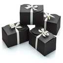 Black Kraft Gift Boxes with White & Gold Ribbons (18 Set) 6.5” x 4” Small Rectangle Cardboard Treat Boxes with Lids for Gift Giving, Weddings, Party Favors, Cookies, Christmas, Groomsmen, Bulk, Empty