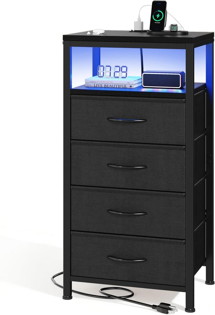 OLIXIS Nightstand with Charging Station, 4 Fabric Drawers Bedside Table, 15.7"Dx11.8"Wx33.6"H