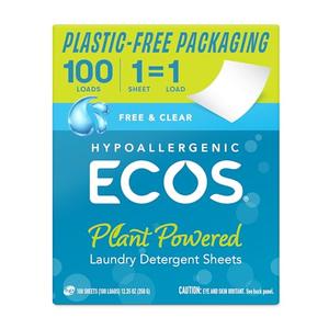 ECOS Laundry Detergent Sheets Vegan, No Plastic Jug, No Mess, Liquid Free - Hypoallergenic, Plant Powered Laundry Detergent Sheet - Free and Clear - 100 Count (Pack of 1)
