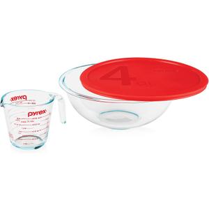Pyrex Smart Essentials 3-Piece Glass Prep Set, 4-QT Glass Mixing Bowl with lid and 2-Cup Measuring Cup, Dishwasher, Microwave and Freezer Safe, Essential Kitchen Tools