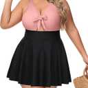 NIeyook Womens Plus Size One Piece Swimsuit with Skirt V Neck Cutout Flowy Swim Dress Tummy Control Bathing Suit (18 Plus, Pink and Black)