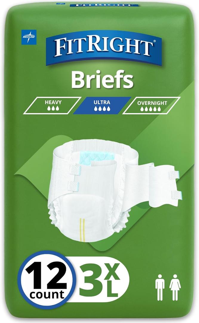 FitRight Bariatric Adult Diapers, Ultra Heavy Absorbency, 3XL (Waist Size 65in-84in), 12 Count, Disposable Incontinence Briefs for Men and Women, Moisture-Wicking, Leak Protection,