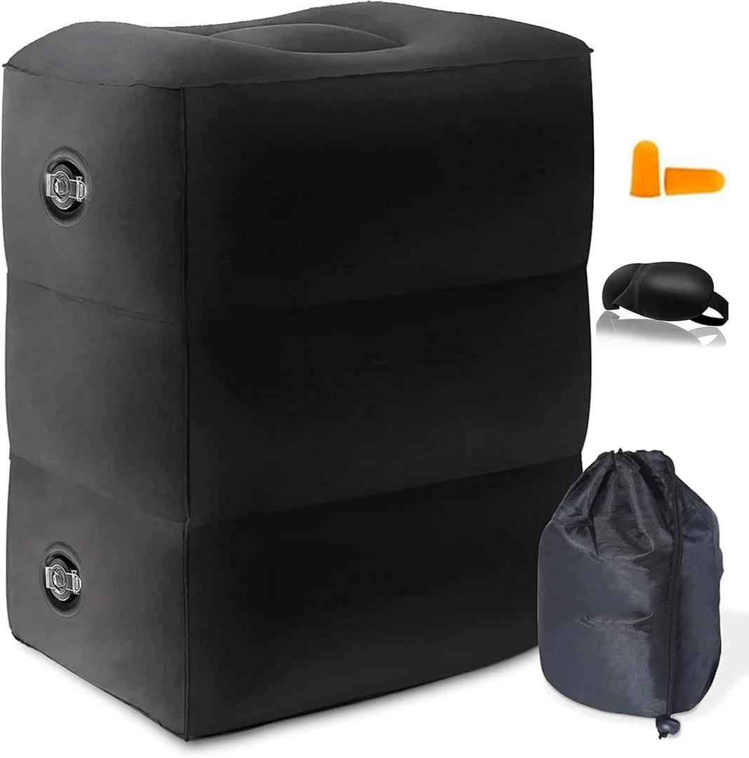 Inflatable Foot Rest Pillow for Travel, Adjustable Height Airplane Foot Cushion for Long Flights, Portable Comfort Footrest for Car, Office and Travel (Black)