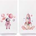 SPBL&L Space Kids Hand Towels Set of 2, Pink Astronaut Rocket Decorative Hand Towels, 16x24 Inches