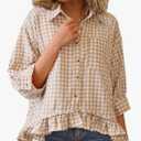 CHYRII Womens Summer Tops Dressy Casual Blouse Top Ruffled Short Sleeve Button Down Striped Shirt Khaki M